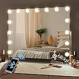 FENCHILIN Spiegel Schminkspiegel mit Beleuchtung, 360° Drehbar Hollywood Spiegel mit USB & Bluetooth, 3 Farbtemperatur Licht Kosmetikspiegel mit 15 Dimmbare LED, Touch Steuerung Make up Spiegel…