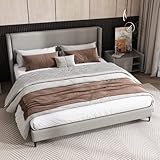 TVIAOH Betten, Doppelbett, Polsterbett, Bett mit Lattenrost, Hohes Kopfteil, Gepolstertes Kopfteil, 180 x 200cm, Leinen, grau