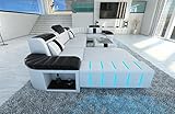 Sofa Bellagio U Form Wohnlandschaft Leder Couch mit LED Ledersofa mit Ottomane (Ottomane Links, Weiß-Schwarz)