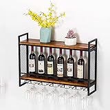 Weinregale, an der Wand hängend, für Wein, Champagner, Glas, Kelche, Stielgläser, Metall und Holz, Weinhalter für Weinflaschen und Gläser, Schwarz/Schwarz/80 x 20 x 55 cm