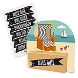 itenga Geldgeschenk oder Gutschein Verpackung Geschenkaufsteller Motiv/Anlass Strandkorb Urlaub mit Stickerbogen aus Karton 12x11,5cm