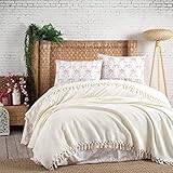 Şaheser Mona Tagesdecke mit Fransen 220x240cm 100% Baumwolle Wohndecke Blanket Bettüberwurf Sofadecke Sommerdecke Bettwäsche Überwurf für Sofa Sessel & Bett Kuscheldecke Sofadecke (Creme)