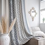 Tospass Vorhang Boho Blickdicht Gardinen Leinen Baumwoll Geometrisch Halbtransparente Vorhänge mit Quaste 2er set Landhausstil Vintage Gardienen für Wohnzimmer Schlafzimmer Curtains 150x160cm HellBlau