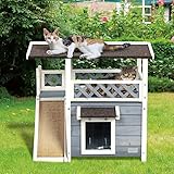 Petsfit Katzenhaus Outdoor aus Massivholz wetterfeste Katzenhütte mit Asphalt Dach Katzenhaus Winterfest mit Terrasse & Treppe