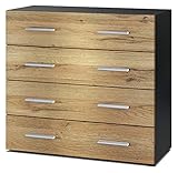 Vladon Sideboard Pavos, Kommode mit 4 Schubladen, Schwarz matt/Eiche Natur (76 x 72 x 35 cm)