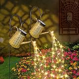 [2 Stück] Solar Gießkanne Lichterkette Gartendeko Draußen, Solarlampen für Außen Giesskanne Lichter mit Schäferhaken Metall Vintage Wasserfall Duschlicht Solarleuchten Garten für Balkon Rasen Terrasse