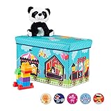 Relaxdays, Circus Sitzbox Kinder, Faltbare Aufbewahrungsbox mit Stauraum, Deckel, Zirkus Motiv, Jungen & Mädchen, 50 l, türkis