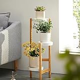 FREEUP Blumenständer Holz Bambus, 3 Etagen Pflanzenständer aus Holz Mit metall Regale, Blumenhocker aus Holz, Pflanzenregal Natur Blumenregal Wohnzimmer, Balkon, Garten, H79,5cm