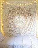 raajsee Indisch Wandteppich Mandala Weißes Gold Boho WandDeko, Aesthetic Room Décor, Wandtuch Mandala, Wandbehang Psychedelic 208 x 210 cms