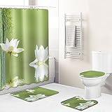 Badezimmerteppich Weißer Lotus Grün Badematte Set 3 Teilig,Teppich Badvorleger rutschfeste (45x75)+U-Typ Wasseraufnahme Schmutzfangmatte +Schnelltrocknend Toilet Fußmatte