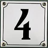 Emaille Hausnummernschild - Wählen Sie Ihre Nummer - Zahlen 1 bis 30 verfügbar - weiß/schwarz 12x12 cm und 12x14cm - sofort lieferbar! Hausnummer Schild wetterfest und lichtecht (4 weiß/schwarz 12x12cm)