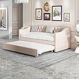 RPEMQJF Polsterbett Kinderbett 90x200 Ausziehbares Schlafsofa Beige Strapazierfähiger Leinenstoff Jugendbett Kinderbett Gästebett