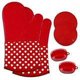 Premium Ofenhandschuhe Silikon Set | 1 Paar Topfhandschuhe hitzebeständig inkl. 2 Topflappen Silikon und 2 Topfuntersetzer rutschfest Silikon | 6er Set Küchenhelfer Rot für Küche, Kochen, Backen