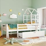 jeerbly Kinderbett mit Rausfallschutz 90x200cm mit Leiter und Schubladen Stabil Massivholz & Holz-Platte Beistellbett mit Lattenrost, Babybett Einzelbett Lattenrost und Dach für Mädchen und Jungen