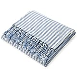 JOTO Strandtuch 100x200 cm Türkisch Tuch, 100 % Baumwolle Hamamtuch mit Fransen, Groß Turkish Towel für Strand, Pool, Wellness, Sauna, Fitnessraum, Yoga, Reisen, Camping und Picknick -Blau Weiss