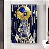 Abstrakte afrikanische Frau, Leinwandgemälde, Wandkunst, modernes schwarzes Mädchen, Poster, Drucke für Wohnzimmer, goldene und blaue Kunst, Heimdekoration, 70 x 100 cm, mit Rahmen