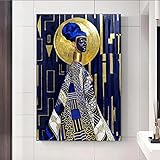 Abstrakte afrikanische Frau, Leinwandgemälde, Wandkunst, modernes schwarzes Mädchen, Poster, Drucke für Wohnzimmer, goldene und blaue Kunst, Heimdekoration, 70 x 100 cm, mit Rahmen