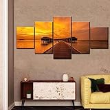 GiZmac Wandbilder Set Deko Bilder 5 Stück Wandposter Malediven Sonnenuntergang Dock Painting Bilder Wanddekoration Leinwandbilder Dekoartikel 200X100(Kein Rahmen)