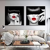 BIEMBI Mädchen Schwarz Weiß Poster und Drucke,Frau Rote Lippen Stretch und Rahmen Wandkunst Leinwand Dekor Bild für Wohnzimmer Dekor 70x70cmx2 Rahmen