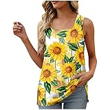 Weißes T-Shirt Damen Locker Tunika Bluse Damen 2023 Blusentops Unterdamen ärmellos Blumen T Shirt Square Neck Reisen Bequemer Grosse GröSse Oberteile Damen Herbst Klassische Mit Schlitz Tailliert Gelb