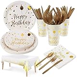 141 pieces Happy Birthday partygeschirr Set | Weiß gold pappteller geburtstag partygeschirr geschirrset, Tablecloth, Plates, Cups, Napkins,Party For Birthdays (20 Gästes)