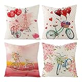 Whoiy Linum Kissenhülle 40X40, Kissenhülle Kissenbezug 4Er Set Fahrrad Blumenballon Pink Rot für Stuhl Sofa Wohnzimmer Schlafzimmer