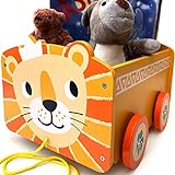 Spielzeugkiste aus Holz Löwe | 2-in-1-Zugwagen & Aufbewahrungsbox auf Rädern für Kinderzimmer oder Schlafzimmer | Babytruhe für Kinderspielzeug, Spiel / Buchorganizer | Geschenke für Jungen & Mädchen