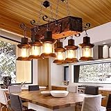 FWX Pendelleuchte Rustikale E27 Holz Lampen Vintage Eiche Hängeleuchte Esstisch Esszimmer Kronleuchter Industrial Metal Hängeleuchte Retro Deckenlampe Industrielampe Landhaus Leuchte Bar Droplight