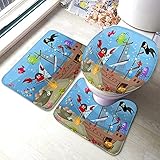 rutschfeste 3 Badteppich Set Sea Life Underwater Animal Pirate Schatzschiff rutschfeste Fußmatte Set Anti-Rutsch Weiche Badezimmer Matte, Für Dusche, Badewanne