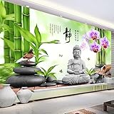 Fototapete Tapete Buddha-Statue, grüner Bambus, Kopfsteinpflaster, Taube, Blume, Moderne Wandtapete 3D Wandbilder Tapeten Wohnzimmer Schlafzimmer Wand Dekoration 200x140cm Tongshunj2591
