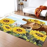 Teppiche Bauernhaus-Sonnenblumen-Kuh-Ländliche Vieh-Tiere Und Blumen Teppich Weicher Bodenmatte Rutschfester Matte Für Eingang Innen Küche 120X160Cm