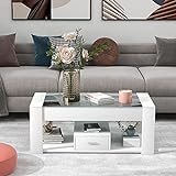 Merax Couchtisch mit Glasplatte, Moderner Wohnzimmertisch mit Schubladen, Multifunktionaler Beistelltisch Sofatisch mit Mehrere Stauräume, für Zimmer Büro, Weiß, 100 x 50 x 40cm
