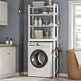 VIAGDO Toilettenregal, Badregal mit 4 Haken und Toilettenpapierhalter, Waschmaschinenregal, 4-stöckiges Badezimmerregal aus Bambus, WC Regal, Weiss, 63 x 26.2 x 183.3cm