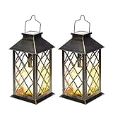 Solar Lanterns Outdoor Waterproof, Set of 2 Outdoor Lanterns for Patio Waterproof,14 Inch Waterproof LED Flickering Flameless Candle Lights Garden Hanging Lanterns for Outdoor Halloween Paty Décor