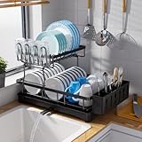 UMDONX 2-stöckiges Abtropfgestell mit Abtropfschale, herausnehmbarer Besteckbox und Getränkehaltern, schwarz