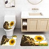 Ecosides Set von 3 Stück Wasserfall Bad Teppich Set WC Sitz Abdeckung Rustikal Gelb Floral Western Farm Blume Pflanze Frühling Natur Landschaft WC Deckel Badezimmer Küche Flanell rutschfeste Carpat