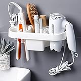 Wandmontierter Haartrocknerhalter, selbstklebend, kein Bohren, multifunktionale, platzsparende Aufbewahrung für Badezimmer mit Steckschnalle, Haartrockner/Zahnbürste/Kosmetik/Lockenstab (Weiß)