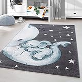 HomebyHome Kinderteppich Kurzflor Elefanten Mama Design Kinderzimmer Babyzimmer Spielzimmer 11 mm Florhöhe Weich Rechteckig Rund Läufer Blau, Grösse:80x150 cm