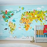 Art Murals Vinyl Fototapete Maßgeschneidert, Weltkarte, 200 х 130 cm, Tiere, Tapete für Kinderzimmer, Wanddekoration, Innenarchitektur, für Kinder, Ballonmuster, world map wallpaper, modern, tapet