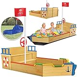 KIDIZ® Sandkasten AHOI - Piratenschiff Boot Segelschiff aus Holz Inkl. Abdeckung, Bodenplane, Sitzbank, Flaggenmast | Große Kinder Sandkiste für den Garten | Outdoor Sandbox Bunt