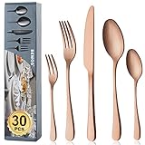 BEWOS Besteck Set für 6 Personen, 30 teilig Roségold Mattiert Essbesteck Set inkl. Messer, Gabel, Löffel, Besteck Edelstahl, Spülmaschinenfest