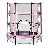 HOMCOM Trampolin für Kinder Ø140 cm Fitness-Trampolin mit Sicherheitsnetz Randabdeckung Gummiseil gepolstert Indoor Outdoor Springen Gartentrampolin Stahl Rosa bis 45 kg