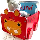 Spielzeugkiste aus Holz Nilpferd | 2-in-1-Zugwagen & Aufbewahrungsbox auf Rädern für Kinderzimmer / Schlafzimmer | Babytruhe für Kinderspielzeug, Spiel / Buchorganizer | Geschenke für Jungen & Mädchen