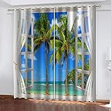 REPWEY Vorhang Blickdicht Vorhänge Verdunkelungsvorhang Gardinen Mit Ösen Wohnzimmer Schlafzimmer Thermovorhang 3D Fenster Blauer Meerblick Muster Ösenschal 2Er Set Fensterdekoration 150X160cm