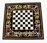 50,8 x 50,8 cm quadratische Form schwarzer Marmor Couchtisch Platte mit königlichem Look Edelsteinen Inlay Arbeit Spiel Spieltisch von Indian Art and Crafts