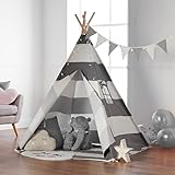 Haus Projekt Tipi Zelt für Kinder mit Lichterkette, Wimpelkette, Aufbewahrungstasche & Bodenmatte – Tipi Kinderzelt, Kinderzimmer Spielzelt 100% Baumwoll, drinnen/draußen, 160cm hoch