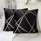 Schwarz Samt Kissenbezüge 40x40 cm 2er Set Golden Geometrie Dekokissen Kissenhülle Sofakissen Couchkissen Dekorative Kissen Kissenbezüge Moderne Zierkissen Bezug für Schlafzimmer Sofa Bett