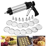 Gebäckpresse, Gebäckspritze Edelstahl Formenbauer Backset Dekorationsmaschine Zuckergussmaschine für Kuchen Kekse DIY, 13 Schablonen, 8 Tüllen