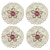 Set mit 4 runden Tischsets mit Blumenmuster, weiß bestickte Spitzendeckchen, Tischläufermatten Rundes Tischset (Pink, One Size)