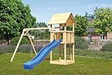 CHILLROI® Karibu Spielturm Satteldach mit Rutsche und Doppelschaukel (Rote Rutsche)